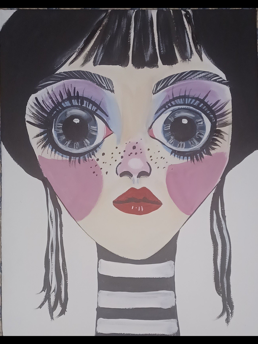 Large Eyed Girl Original Acrylic Painting - Pink Cheeks, Red Lips